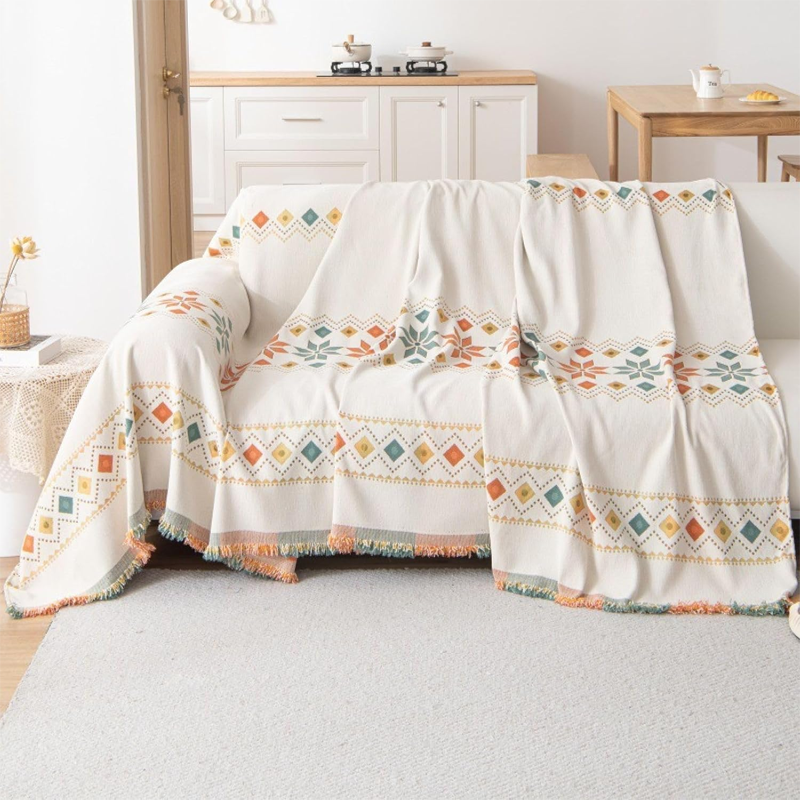 Chenille Sofa Cover with Fringes – Reversible, Geometric Pattern