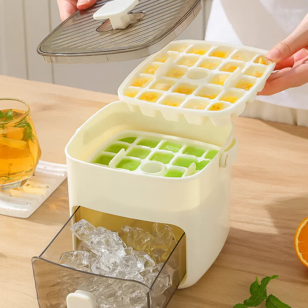 Eiswürfelbox mit Druckfunktion für 48 Eiswürfel – saubere Eiswürfelform ohne Kleckern stapelbar mit Aufbewahrungsfach und Deckel – Mivoza