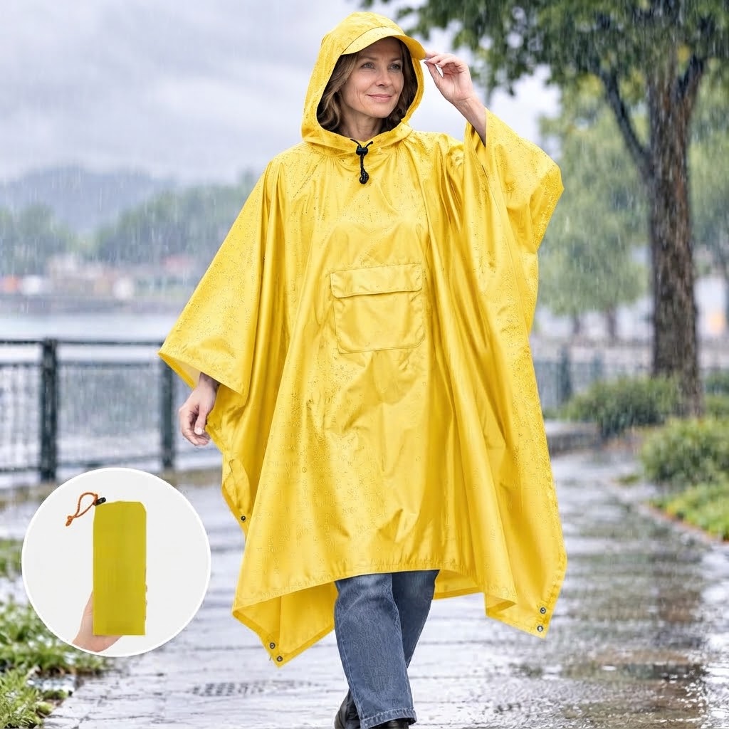 Regenponcho mit Kapuze und Fronttasche, faltbar – 210 × 140 cm