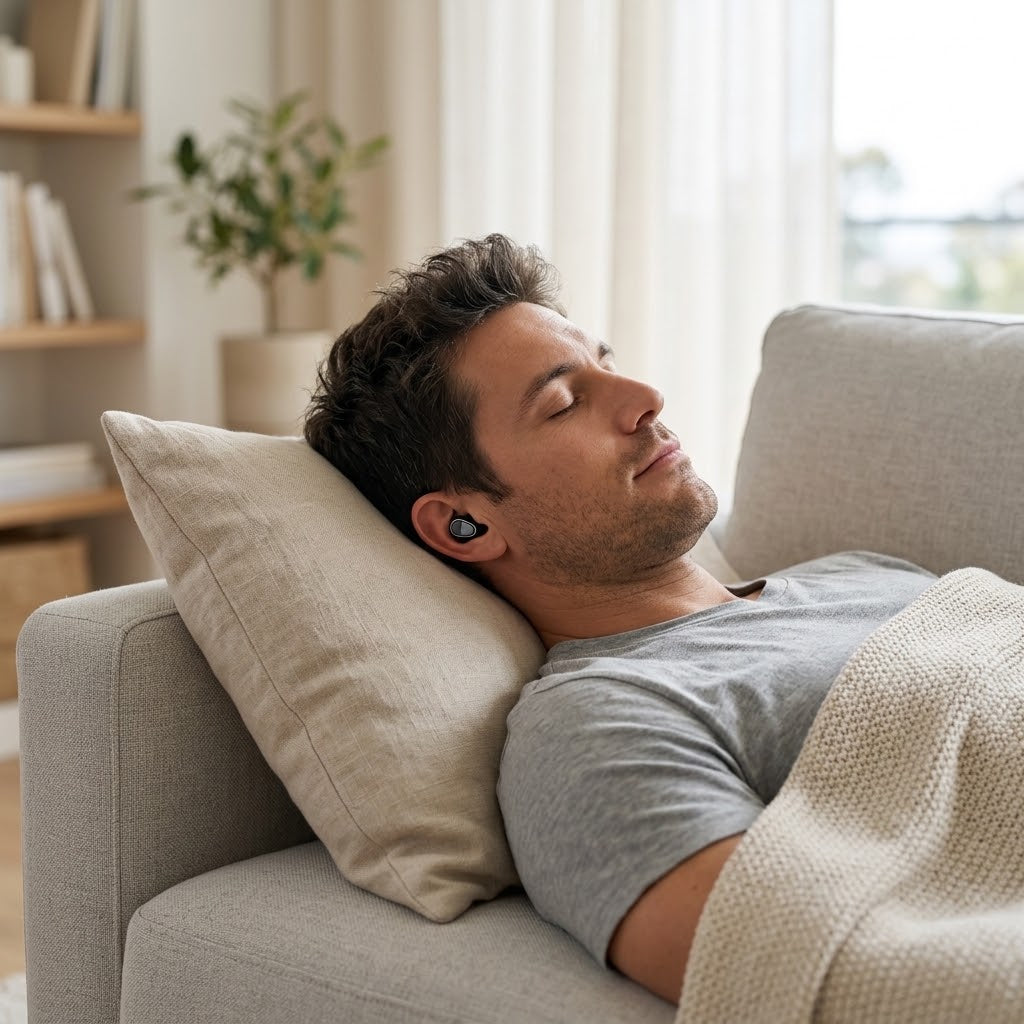 Mann macht Mittagsschlaf auf dem Sofa mit flachen Schlafkopfhörern