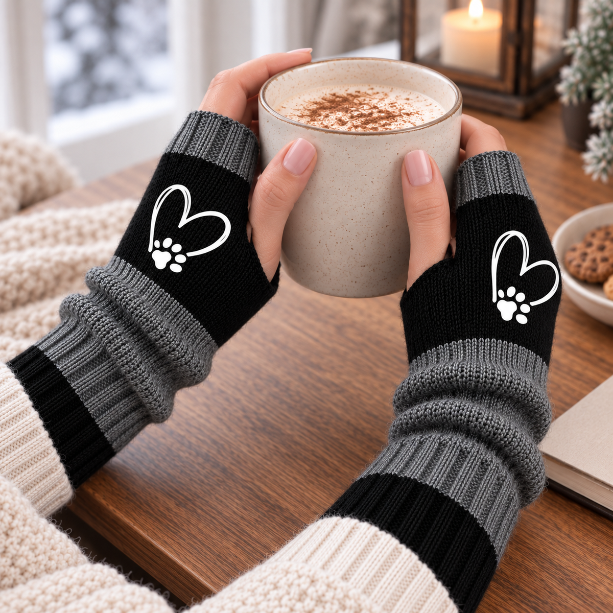 Strickhandschuhe fingerlos mit Herzmotiv