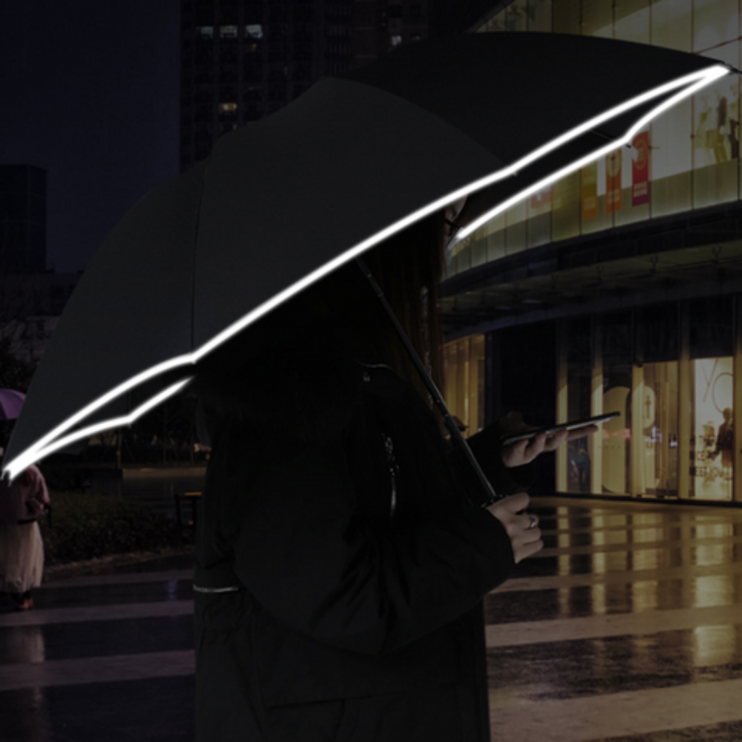 Stormproof umbrella with LED lighting and automatic mechanism