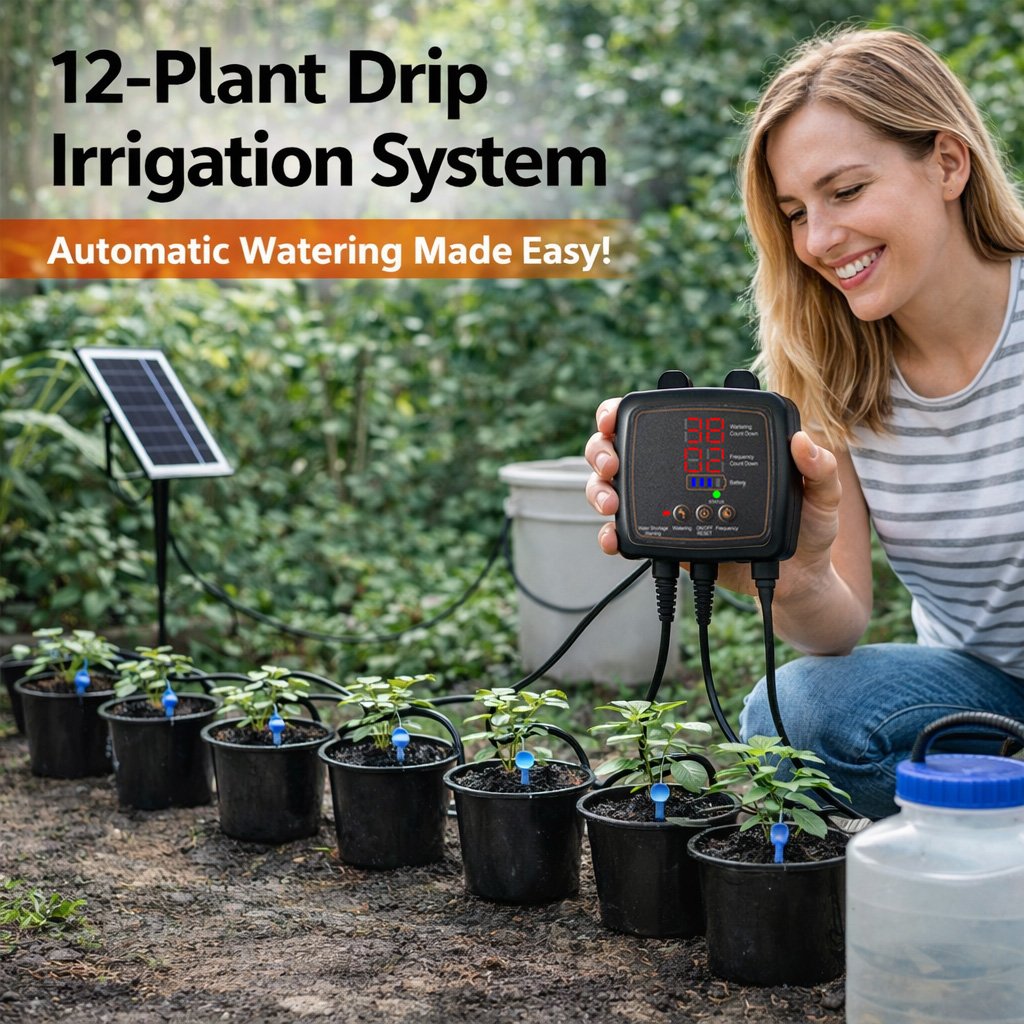 Solar watering system for 12 plants with digital timer