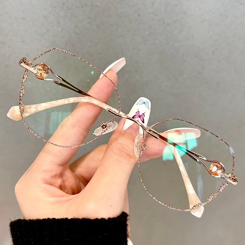 Rahmenlose Lesebrille mit Blaulichtfilter und Ziersteinen