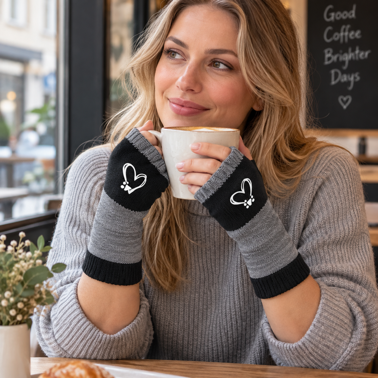 Strickhandschuhe fingerlos mit Herzmotiv
