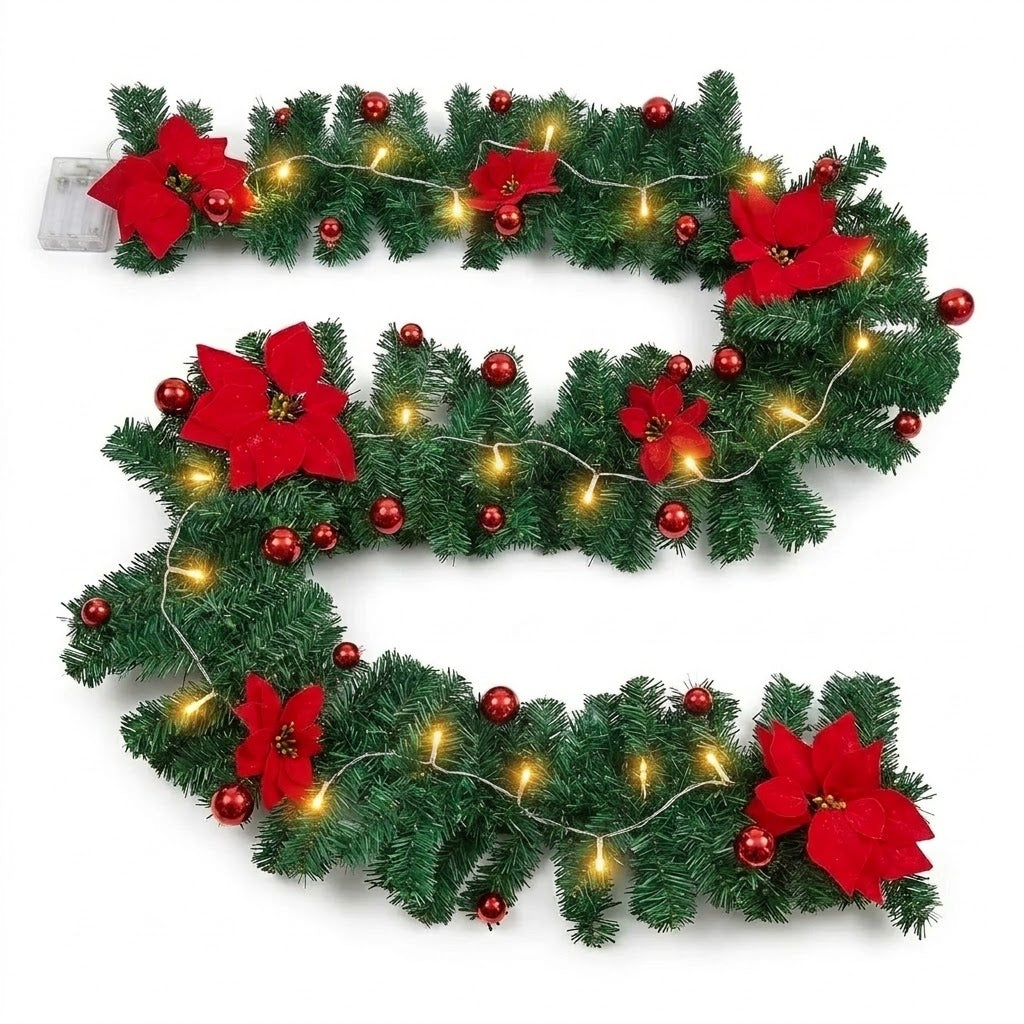 2.7 m LED Christmas garland with fir branches, poinsettias & baubles