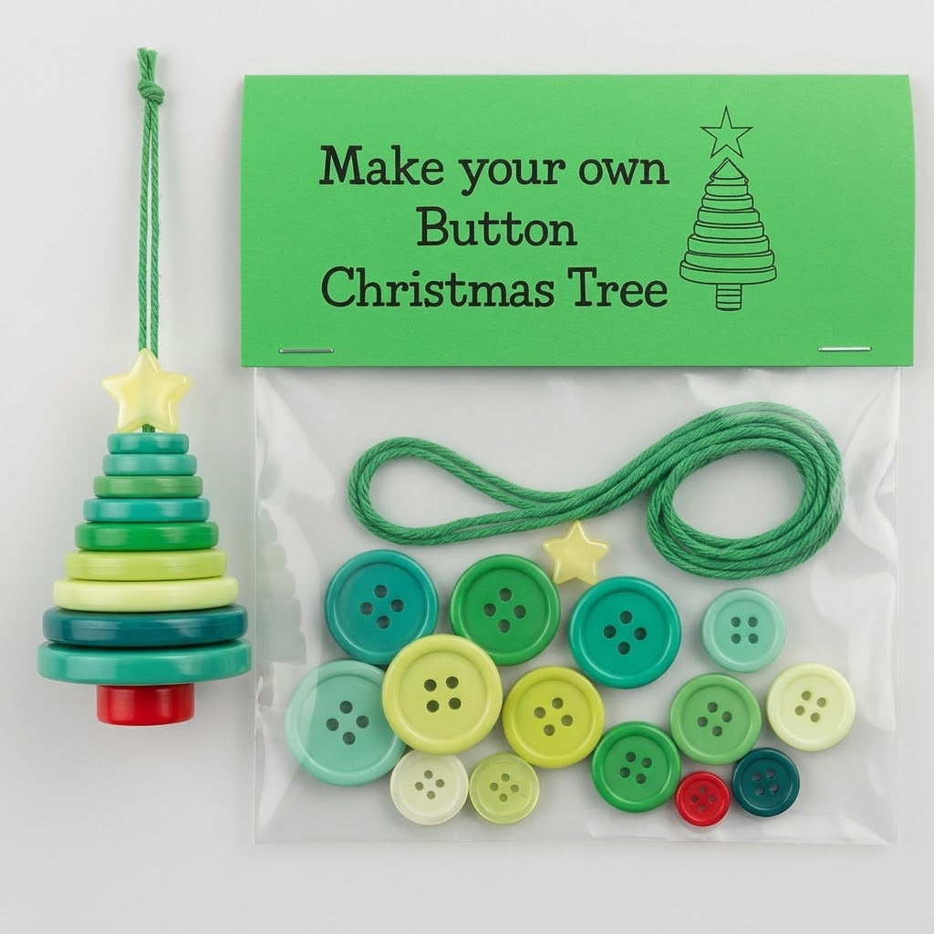 DIY Christmas ornaments made from buttons, craft kit with thread and accessories