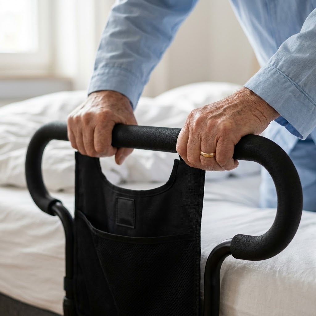 Bed rail assist handle with storage pouch, height-adjustable, up to 136 kg