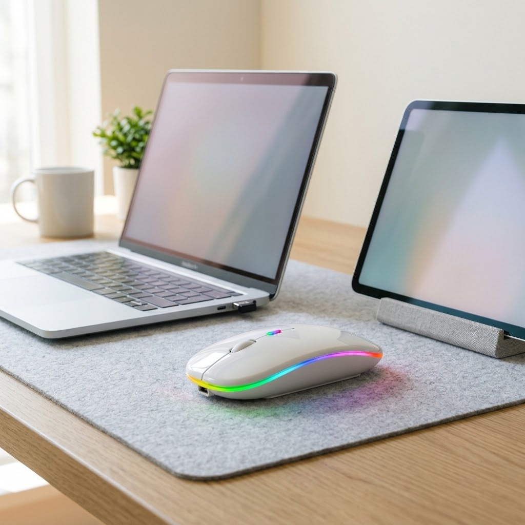 Quiet wireless mouse, Bluetooth 5.2 and USB receiver, rechargeable, RGB