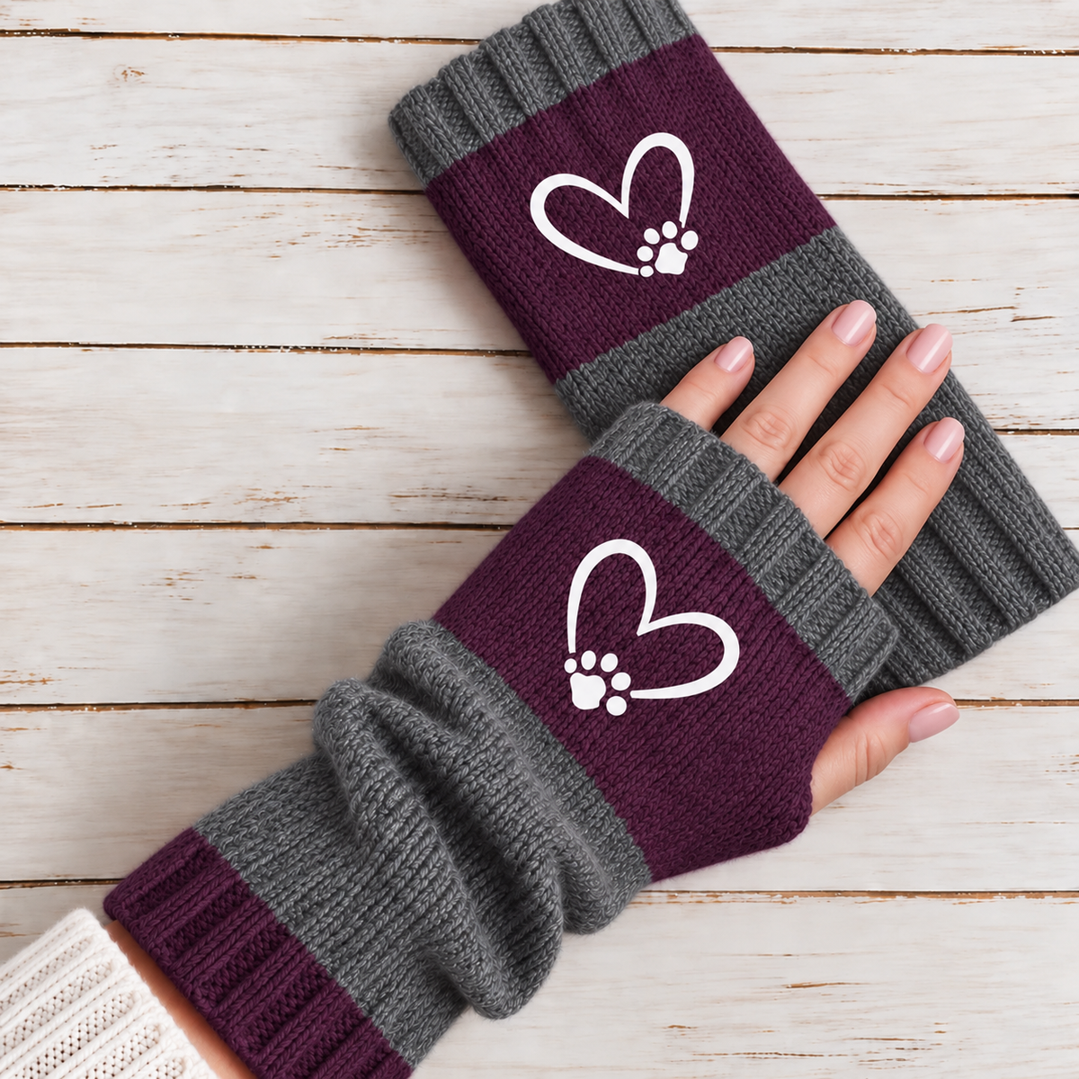 Strickhandschuhe fingerlos mit Herzmotiv