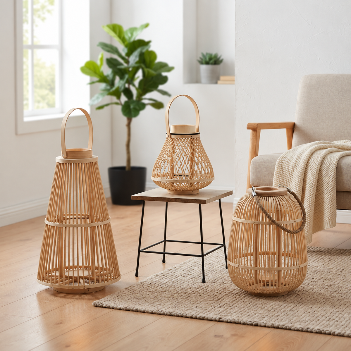 Rattan lantern with LED candle, handwoven, flameless — in oval, round, or pyramid shapes