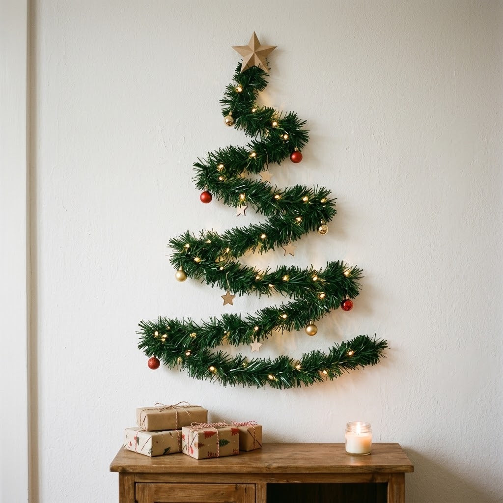 Wall-mounted Christmas tree with LED string lights – DIY fir garland, warm white, battery-operated