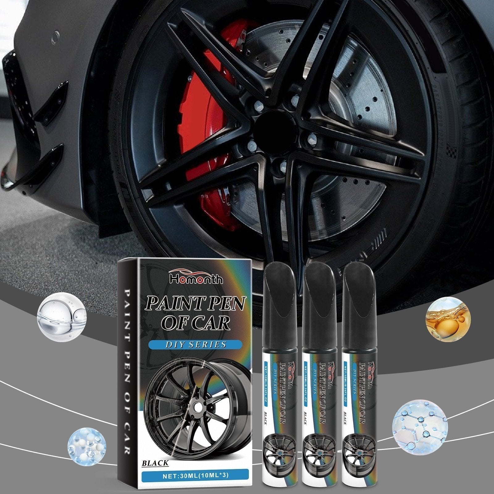 Black touch-up pen set for rim repair – 3 pens 30 ml