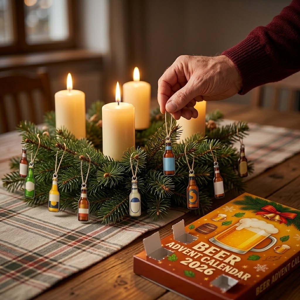 Beer Advent calendar 2026 with 24 flat beer bottle ornaments (approx. 3.9 cm), including hanging ribbons