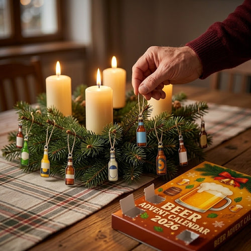 Bier-Adventskalender mit 24 flachen Bierflaschen-Anhängern
