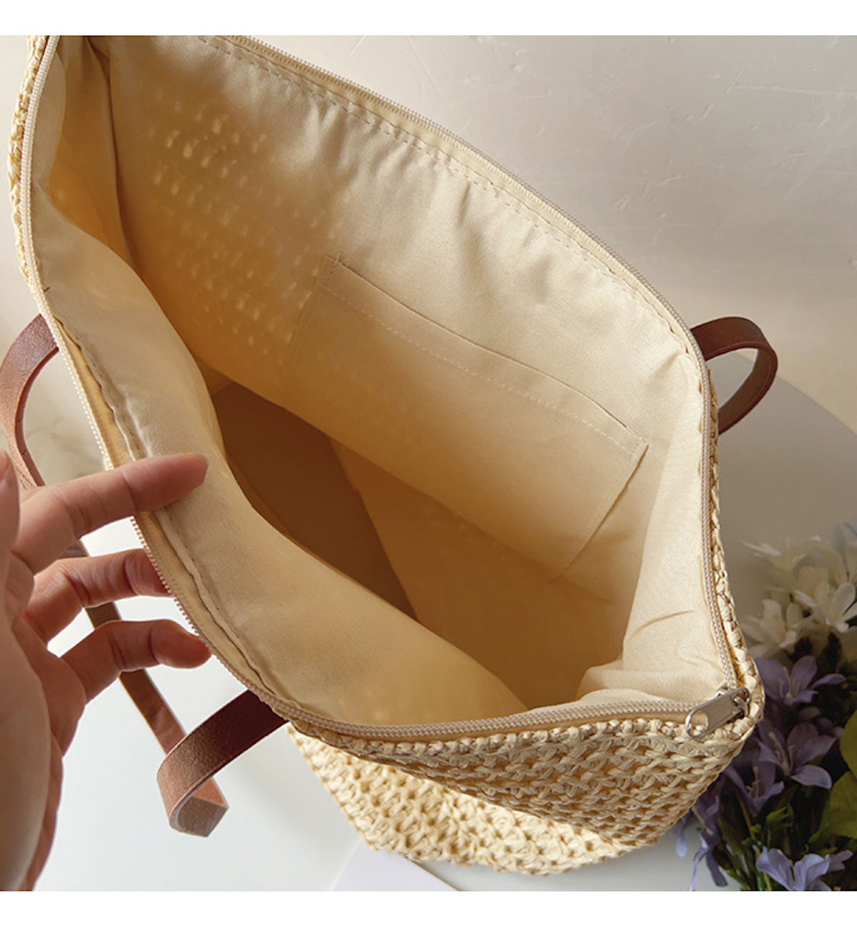 Woven basket bag with leather handles