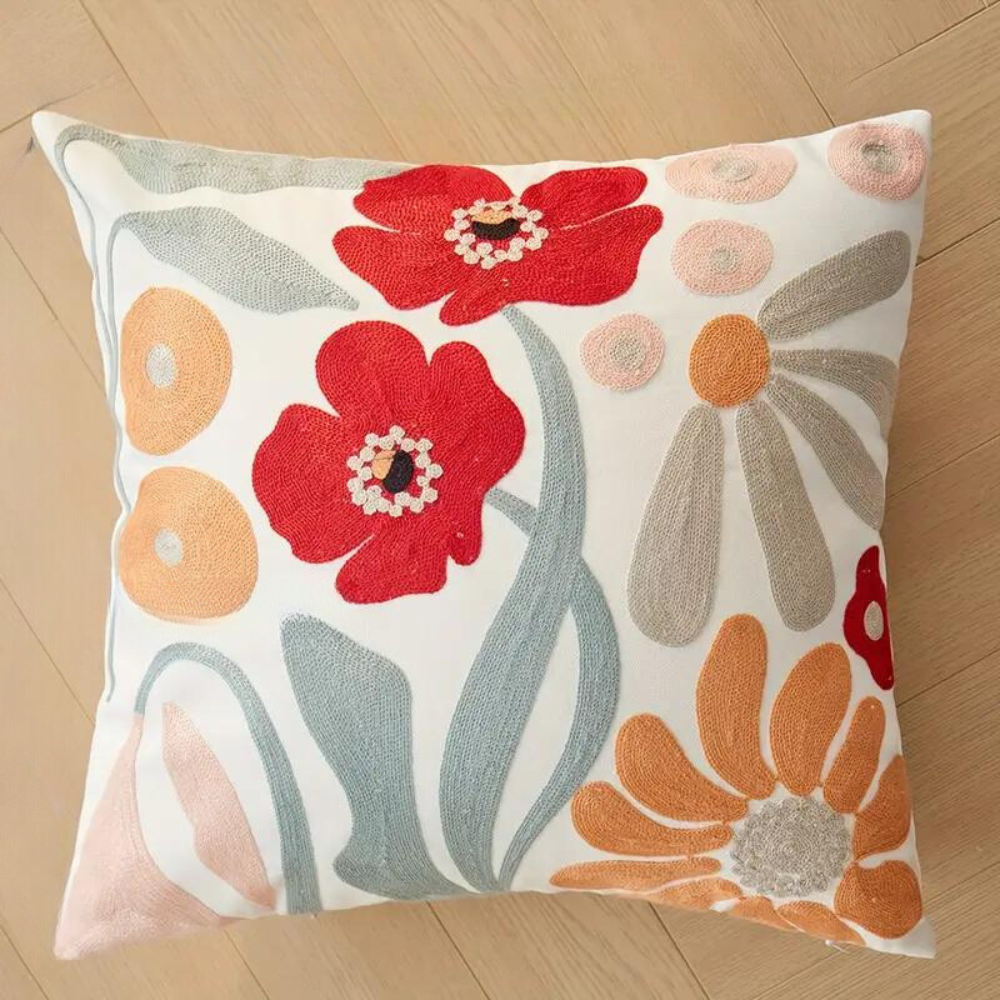 Pillowcase with embroidered floral and botanical pattern