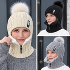 Knitted hat with scarf and fur pom-pom – Windproof for cold days