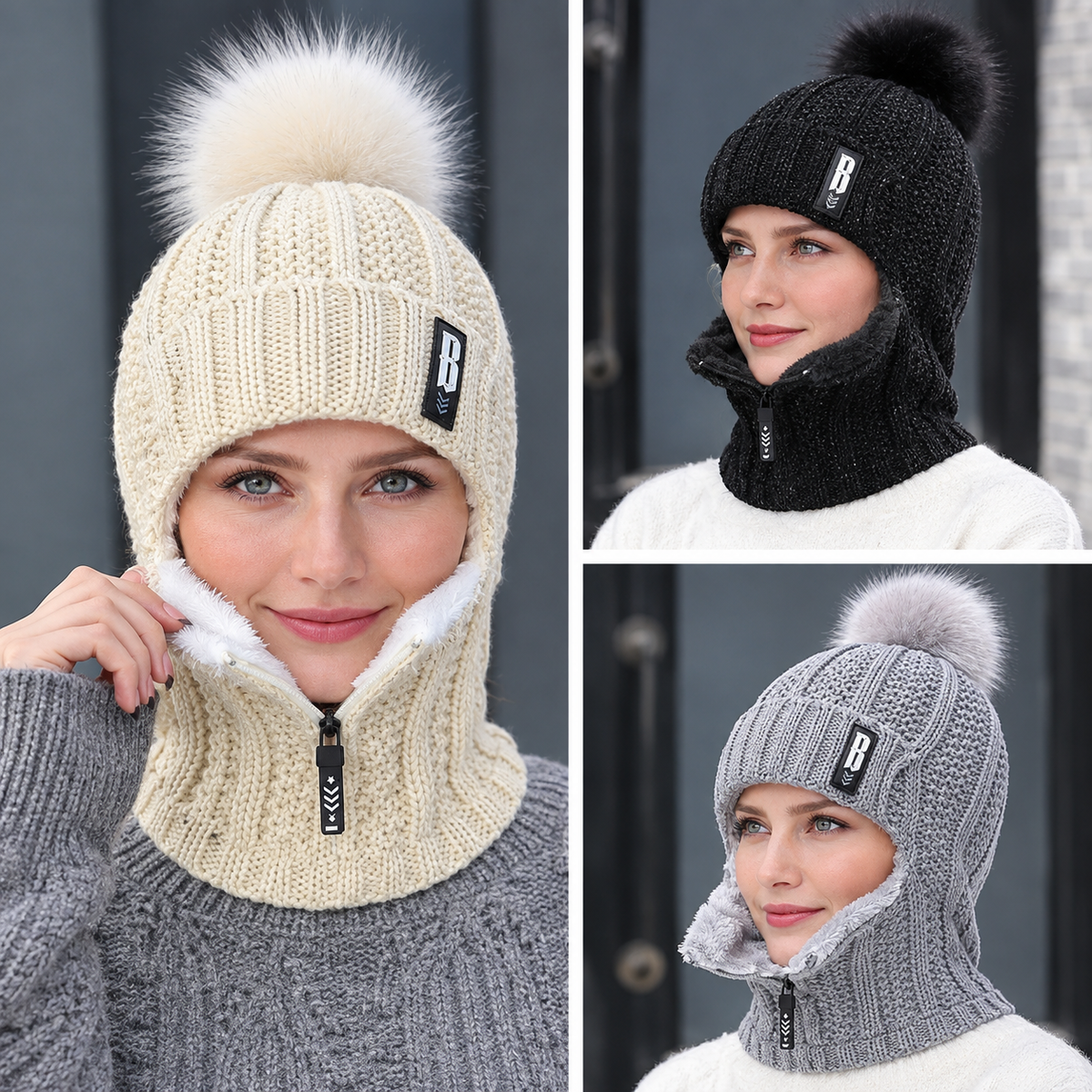 Knitted hat with scarf and fur pom-pom – Windproof for cold days
