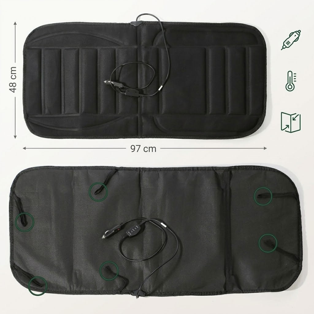Car heated seat cushion, 12 V – heated back and seat, 2 heat settings, 97 x 48 cm