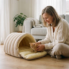 Kuschelhöhle mit Kuppeldach für kleine Hunde & Katzen – Plüsch innen, Cord-Optik außen, 2 Größen