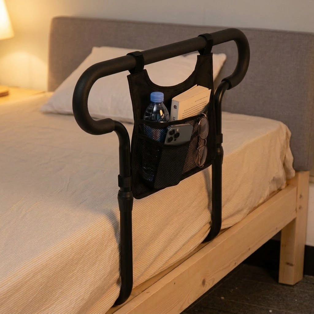 Bed rail assist handle with storage pouch, height-adjustable, up to 136 kg