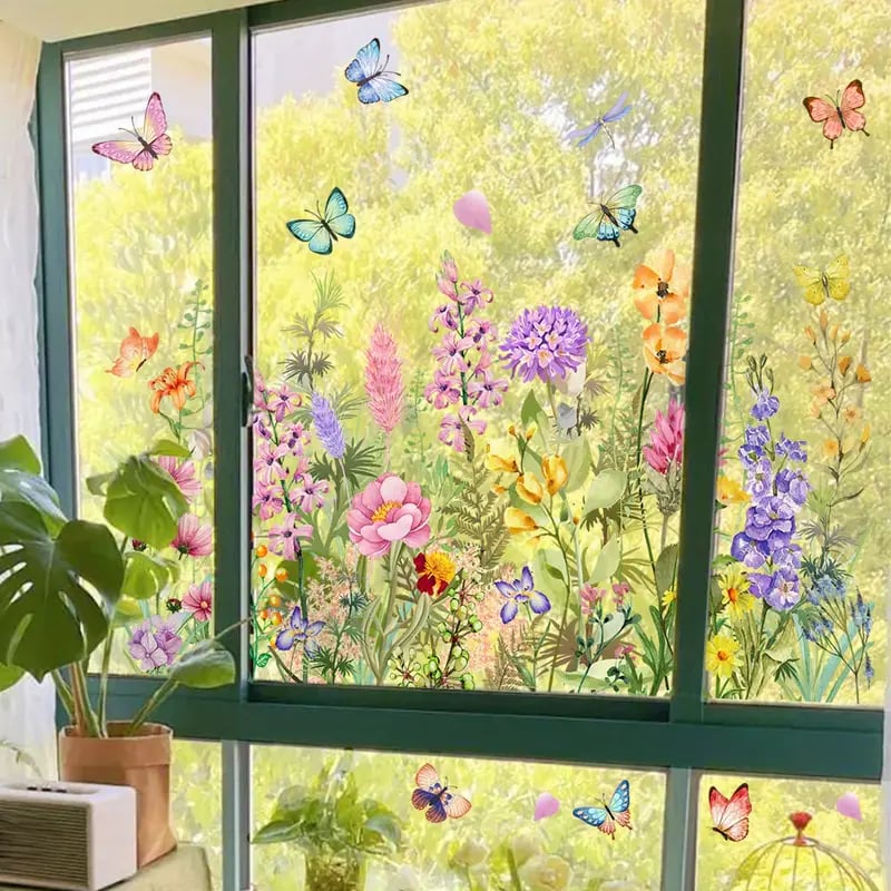 Fensteraufkleber mit Blumen- und Schmetterlingmotiven