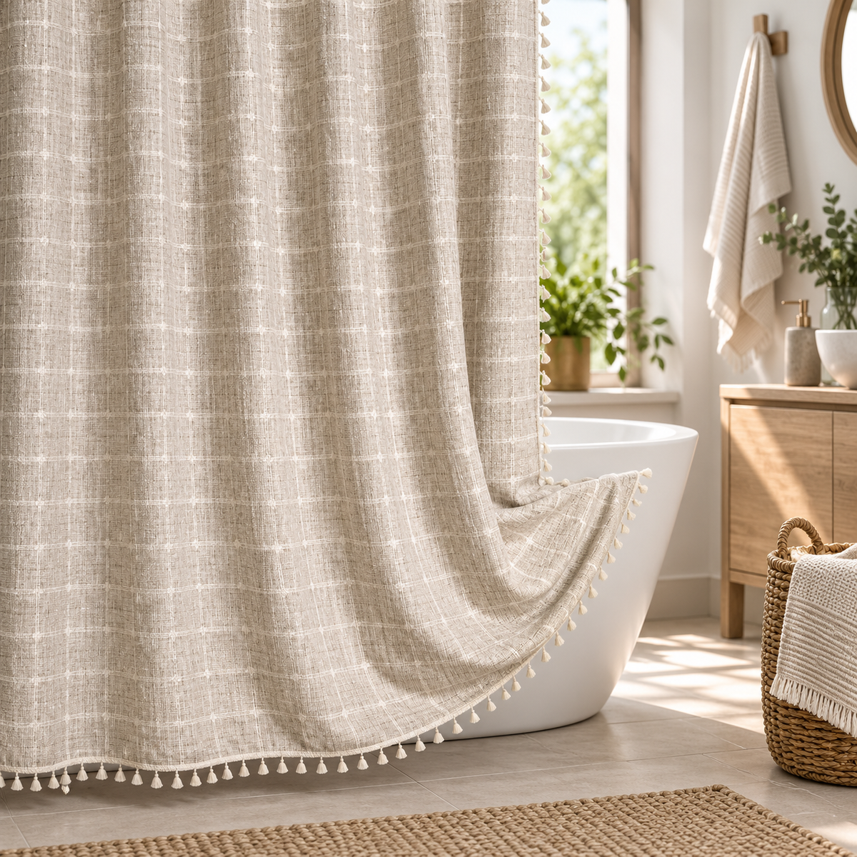 Duschvorhang Leinenoptik mit Quasten – Boho Landhausstil