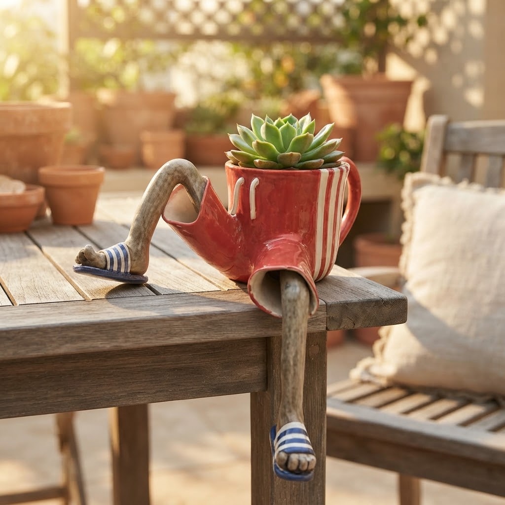 Mini flower pot with sitting legs for table, wall, and shelf edges, polyresin, hand-painted, 6 × 12 × 10 cm