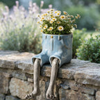 Mini flower pot with sitting legs for table, wall, and shelf edges, polyresin, hand-painted, 6 × 12 × 10 cm
