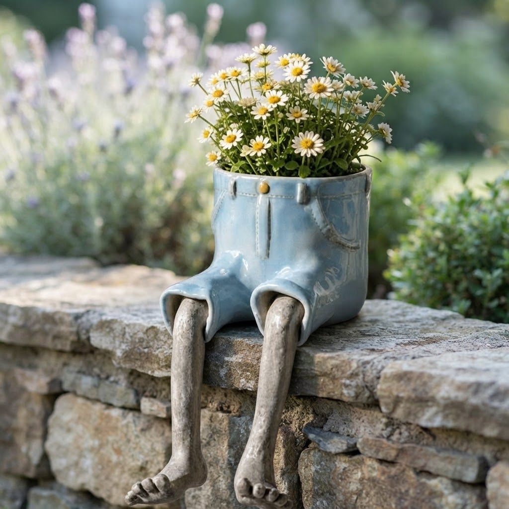 Mini flower pot with sitting legs for table, wall, and shelf edges, polyresin, hand-painted, 6 × 12 × 10 cm