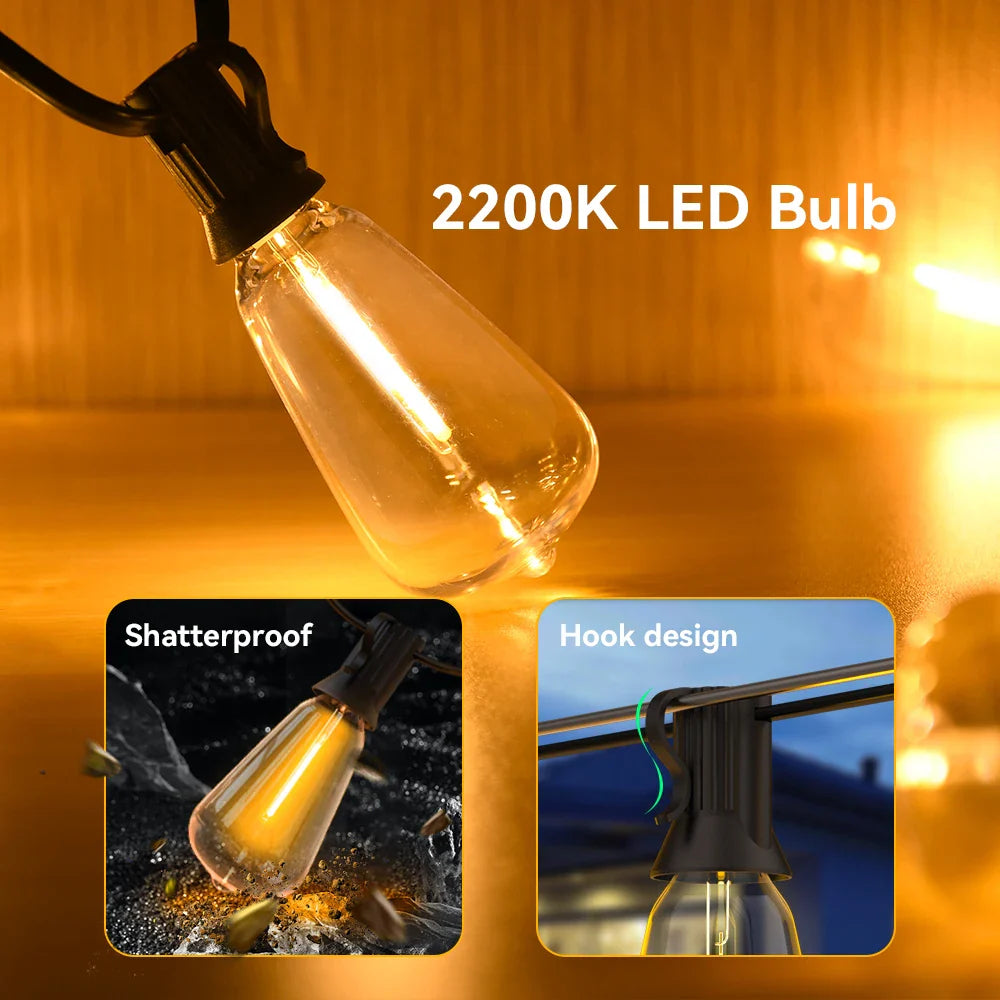 Weatherproof LED string lights with shatterproof bulbs