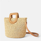 Straw Beach Bag with Wooden Handle – Woven, Spacious