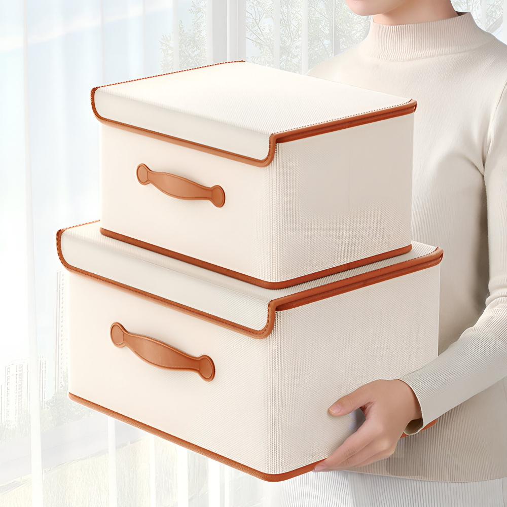 Foldable storage box with lid and leather handles