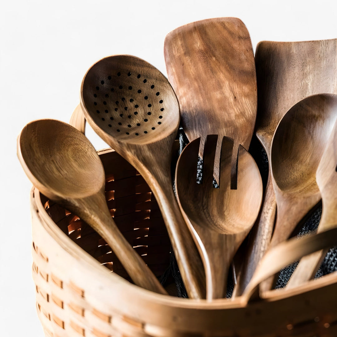 Teak Kitchen Utensil Set – 9 Pieces with Holder & Spoon Rest