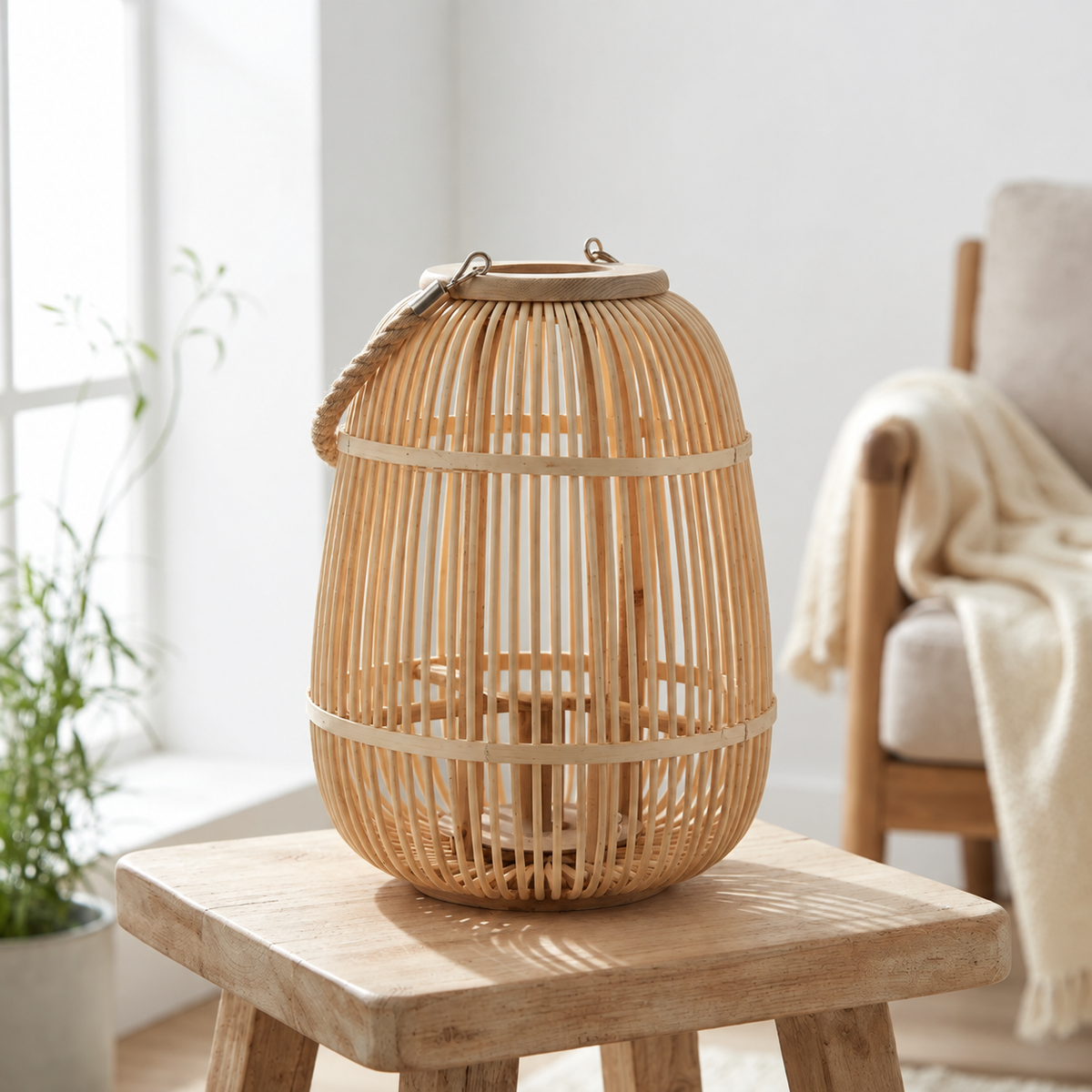 Rattan lantern with LED candle, handwoven, flameless — in oval, round, or pyramid shapes