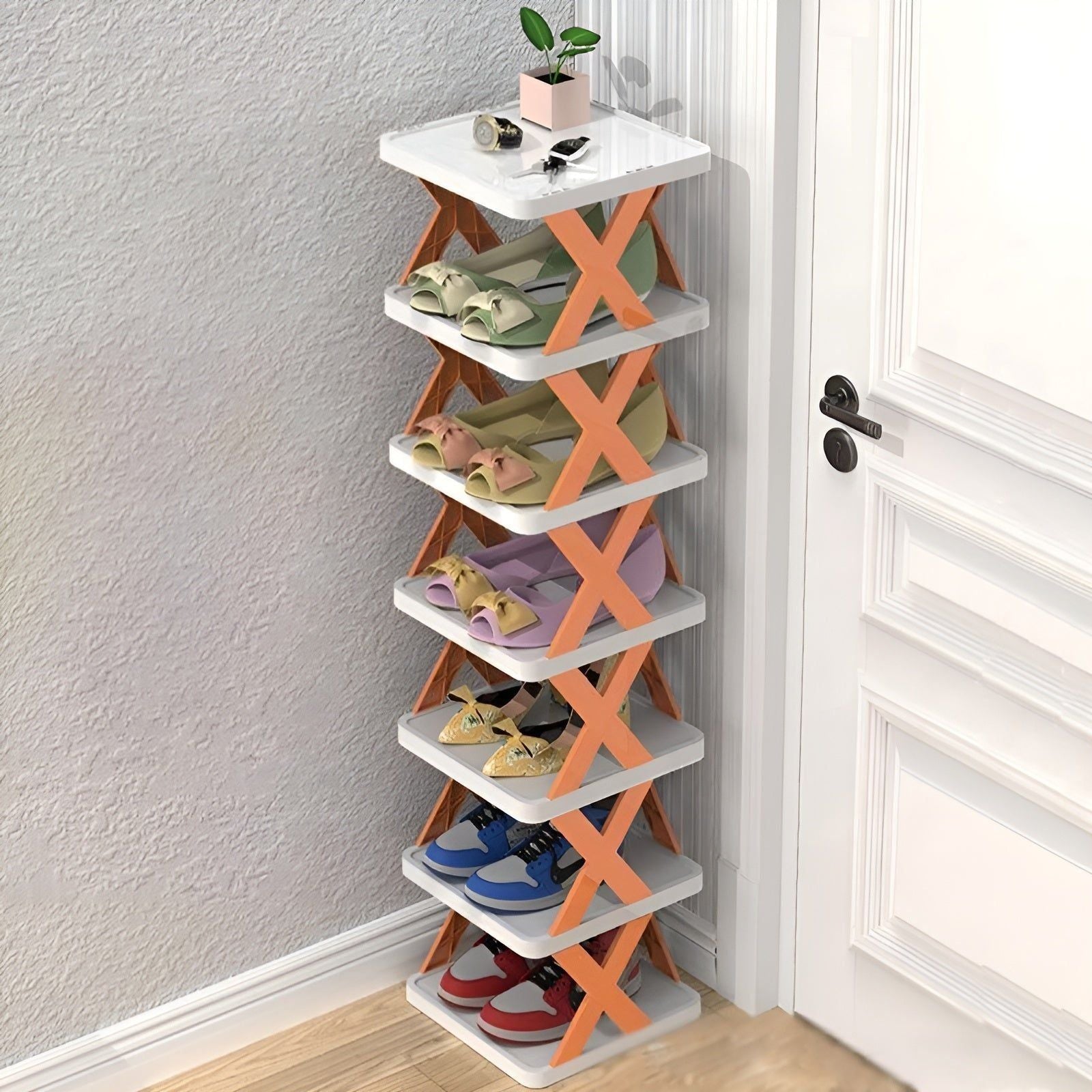 Foldable shoe rack with 3-7 tiers