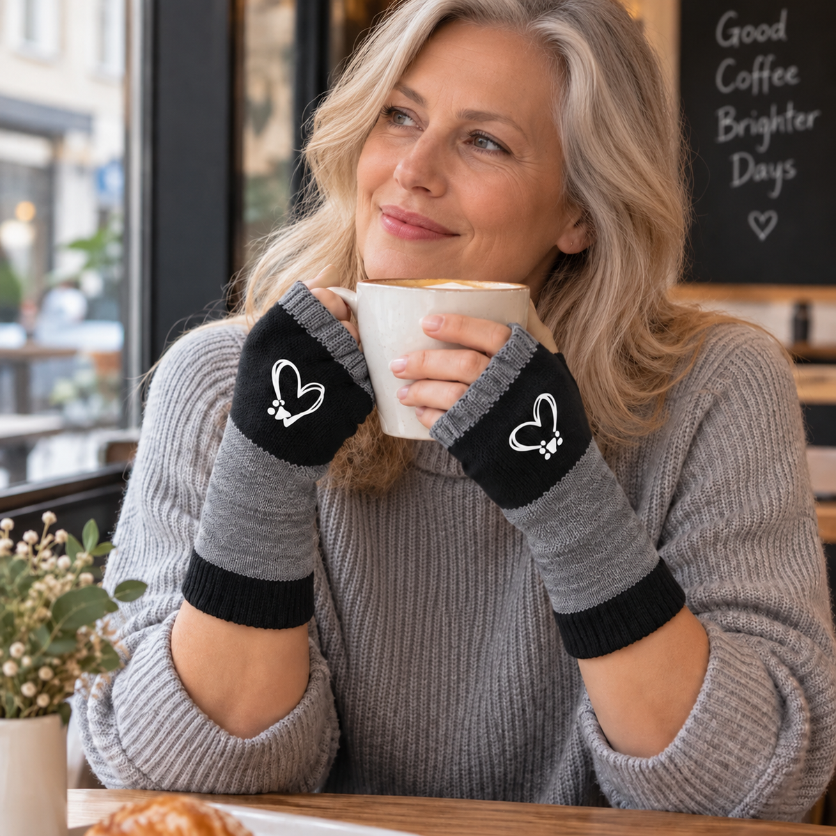 Strickhandschuhe fingerlos mit Herzmotiv