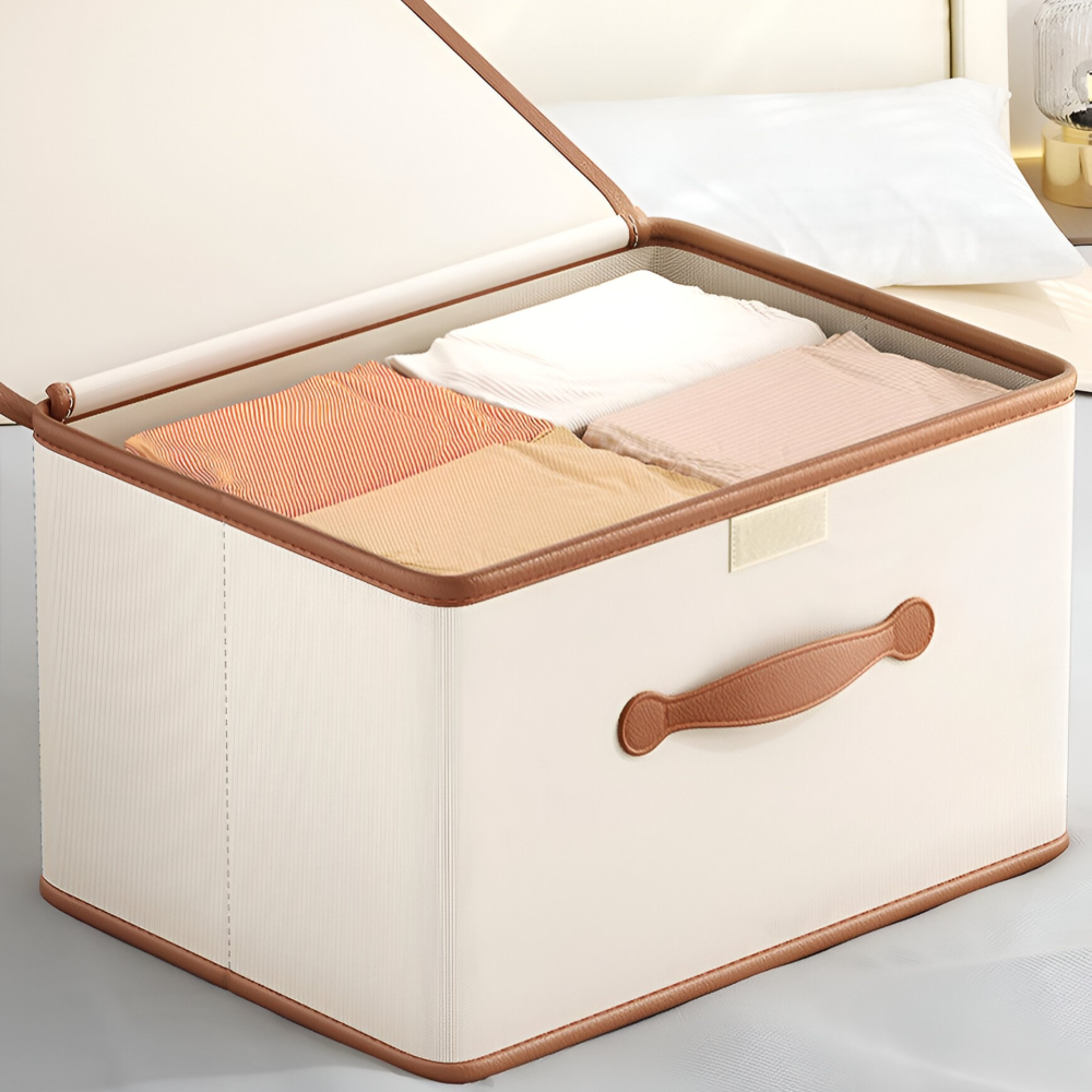 Foldable storage box with lid and leather handles