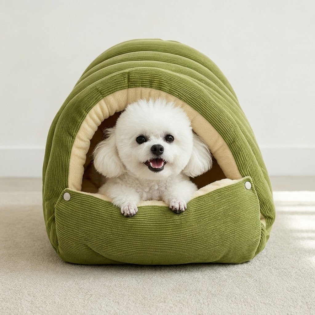 Kuschelhöhle mit Kuppeldach für kleine Hunde & Katzen – Plüsch innen, Cord-Optik außen, 2 Größen