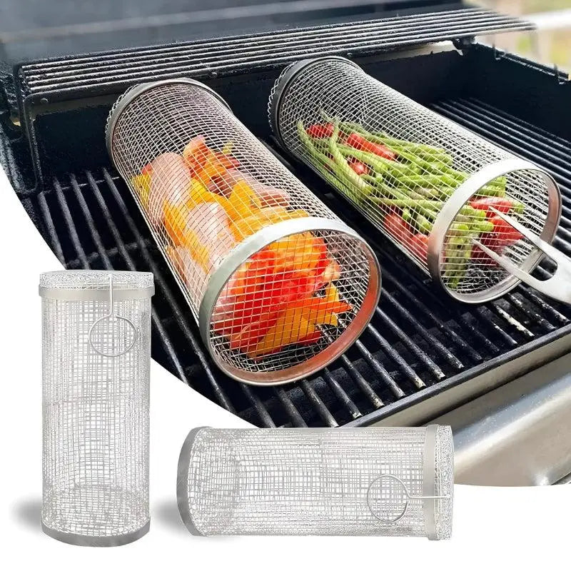 Stainless Steel Rolling Grill Basket – Even Grilling, Easy Cleaning