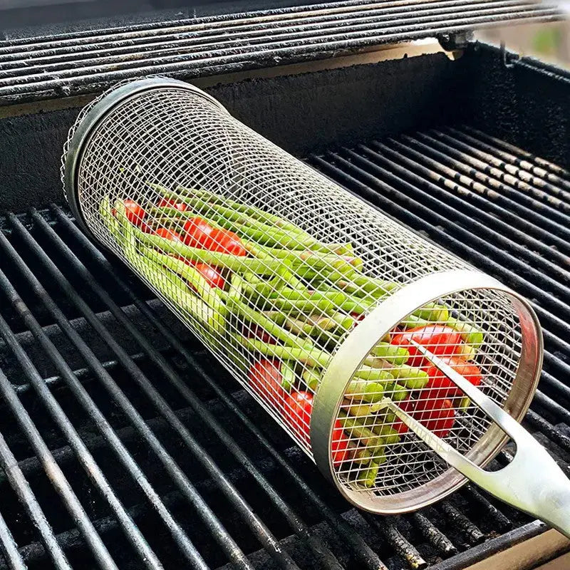 Stainless Steel Rolling Grill Basket – Even Grilling, Easy Cleaning