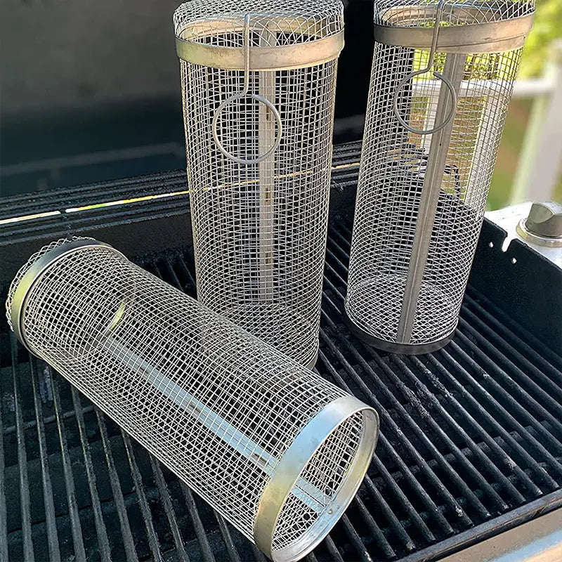 Stainless Steel Rolling Grill Basket – Even Grilling, Easy Cleaning