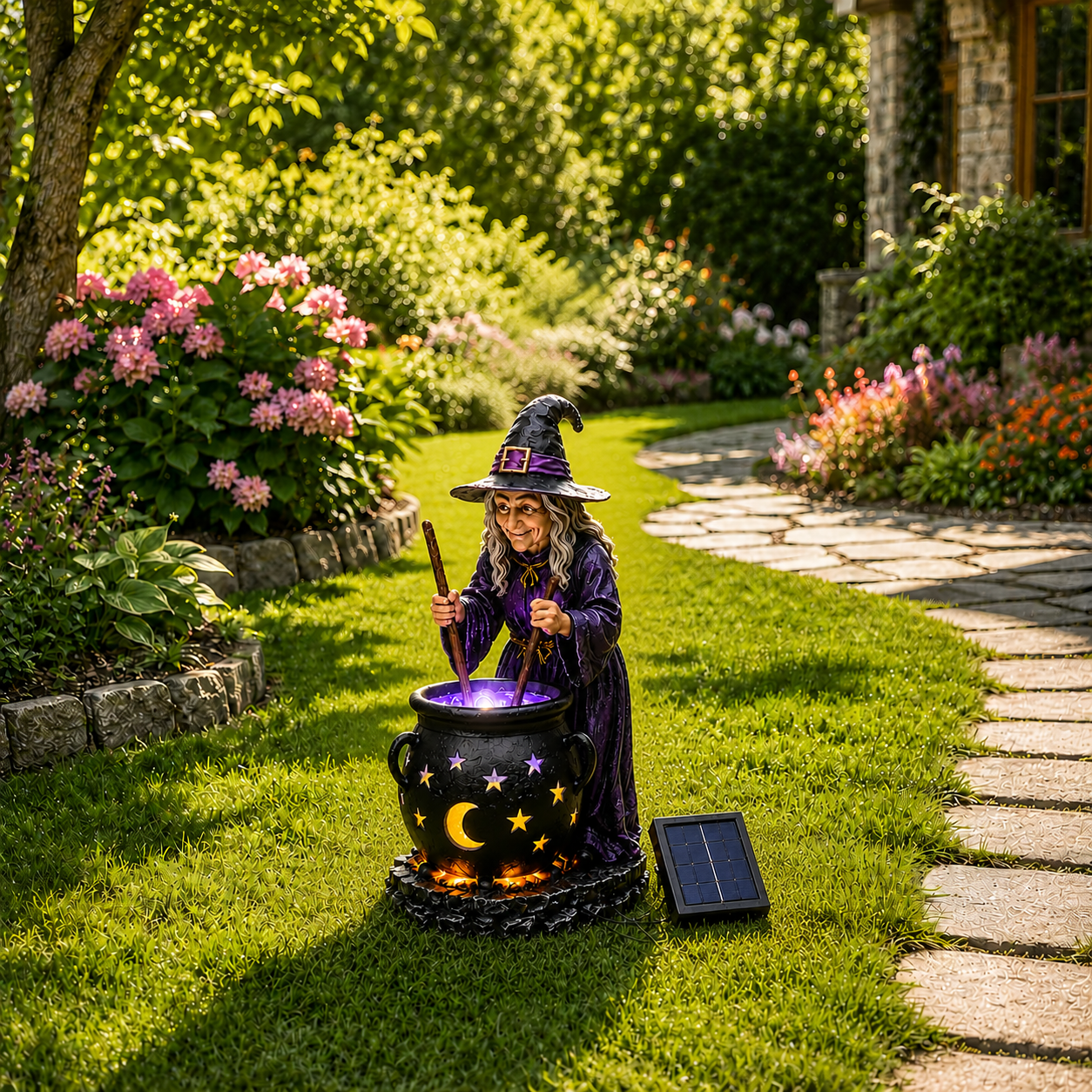 Solar-Gartenleuchte Hexenkessel für Halloween-Deko