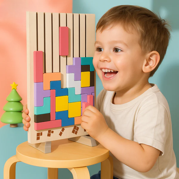 Wooden Tetris puzzle – Colorful building game from 5 years