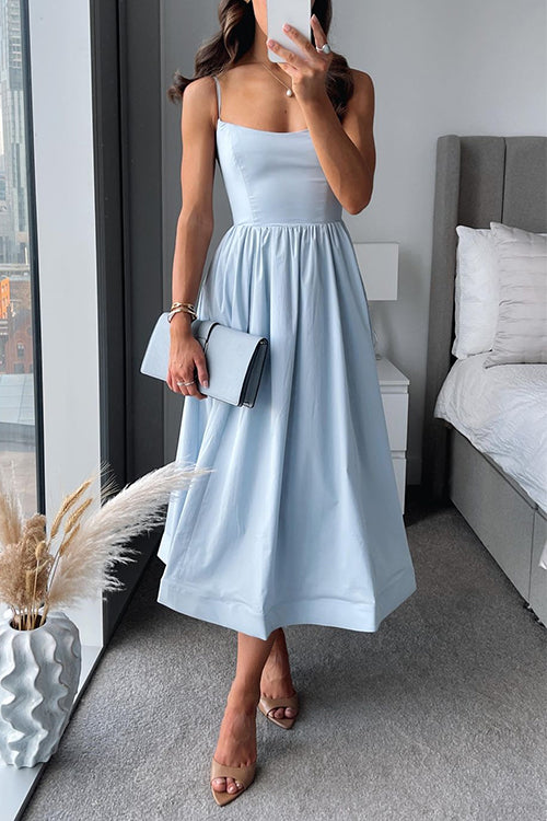 Midikleid A-Linie mit Spaghettiträgern und Taillengürtel