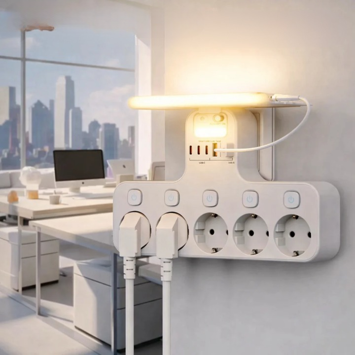 Wand-Steckdosenleiste mit USB-Ports, Handyablage und Nachtlicht