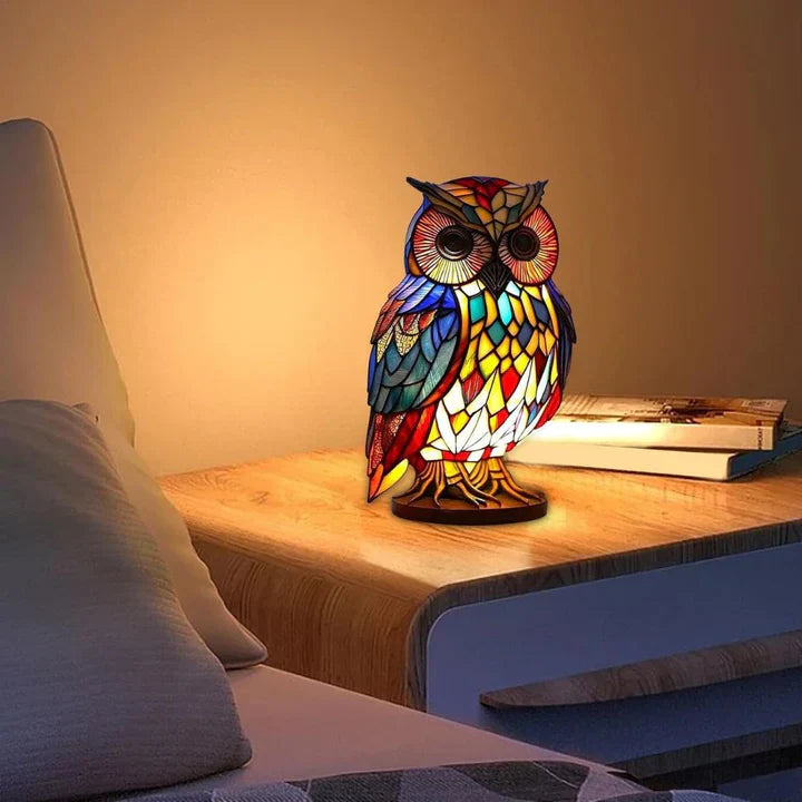 Tischlampe Uil Buntglas – warmweißes LED-Licht für Wohnzimmer