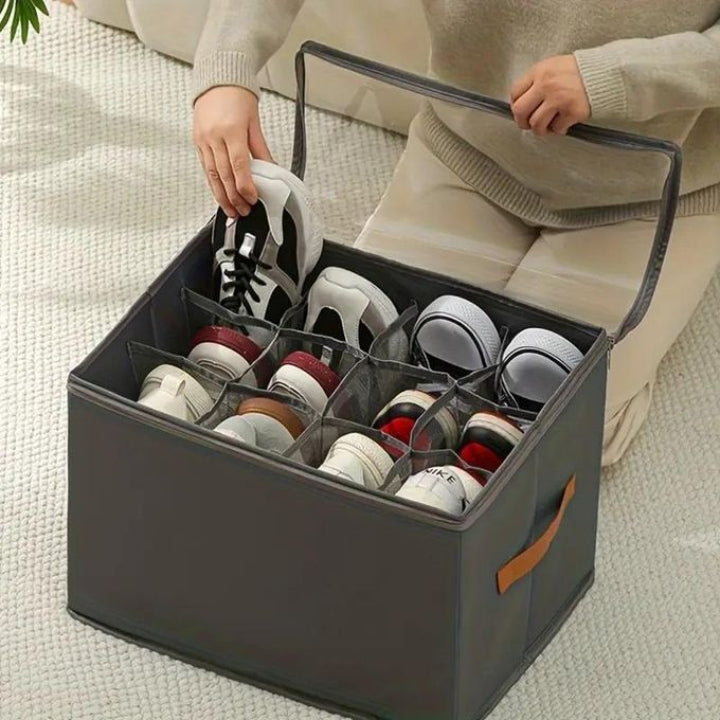 Foldable shoe organizer with leather handle & transparent lid