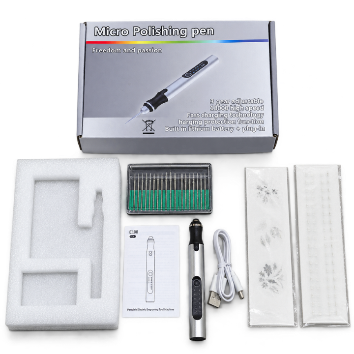 Battery-powered engraving pen for wood and leather, 3 settings up to 18,000 rpm